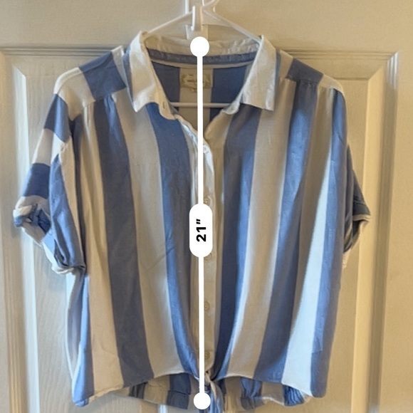 Sandy & Sid Button Front Cropped Stripe Short Sleeve Blouse Blue White Medium - Picture 7 of 9